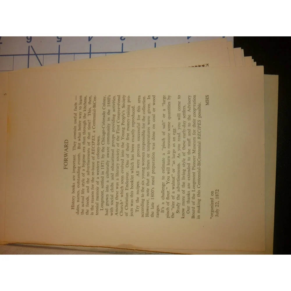 Longmont Pioneer Museum Centennial BiCentennial Recipes Re-Issue Cookbook